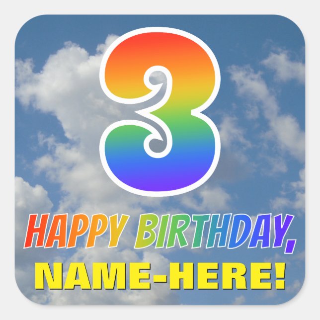 Regenbogen-Look "3" & "HAPPY BIRTHDAY", Wolken, Hi Quadratischer Aufkleber (Vorderseite)