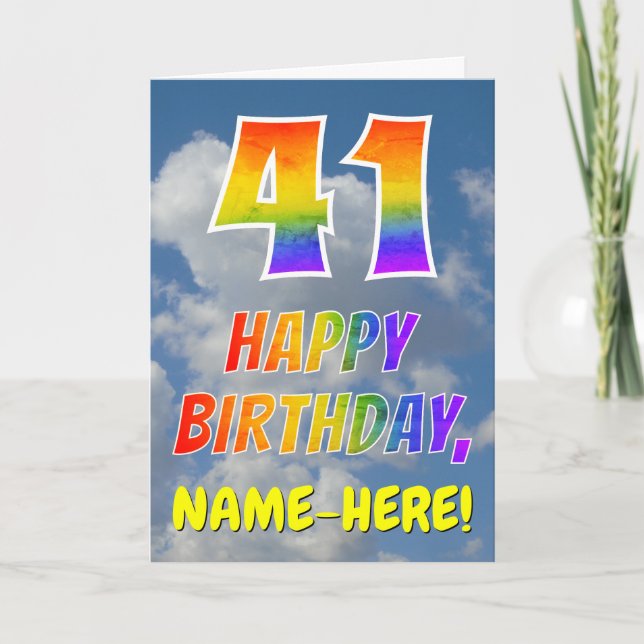 Regenbogen-Look "41" & "HAPPY BIRTHDAY", Wolken, H Karte (Vorderseite)