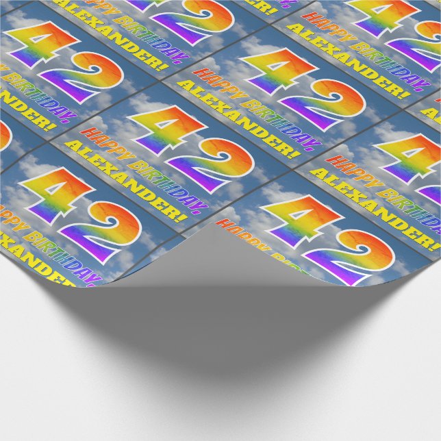Regenbogen-Look "42" & "HAPPY BIRTHDAY", Wolken, H Geschenkpapier (Ecke)