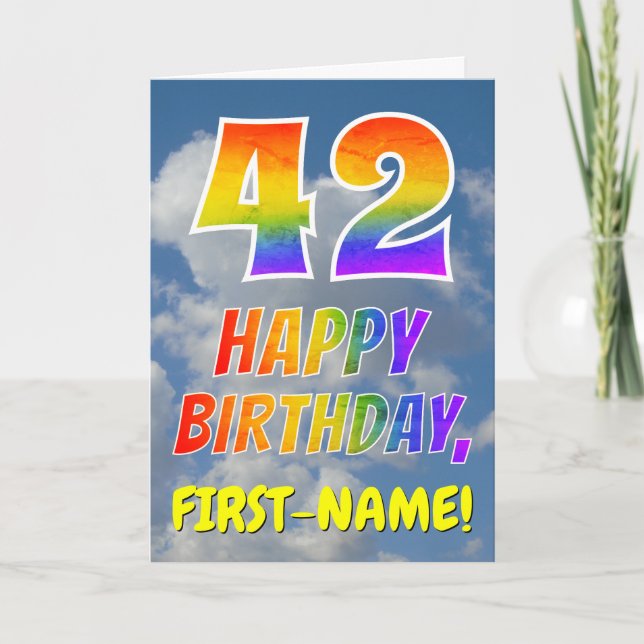 Regenbogen-Look "42" & "HAPPY BIRTHDAY", Wolken, H Karte (Vorderseite)