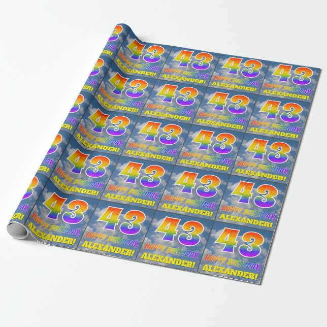 Regenbogen-Look "43" & "HAPPY BIRTHDAY", Wolken, H Geschenkpapier (Ungerollt)