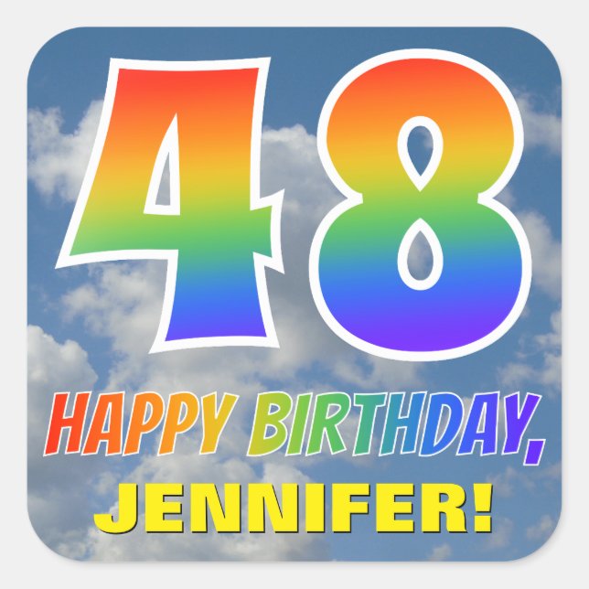 Regenbogen-Look "48" & "HAPPY BIRTHDAY", Wolken, H Quadratischer Aufkleber (Vorderseite)
