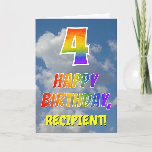 Regenbogen-Look "4" & "HAPPY BIRTHDAY", Wolken, Hi Karte (Vorderseite)