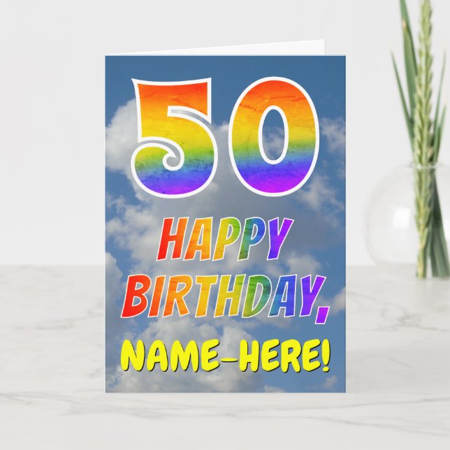 Regenbogen-Look "50" & "HAPPY BIRTHDAY", Wolken, H Karte (Vorderseite)