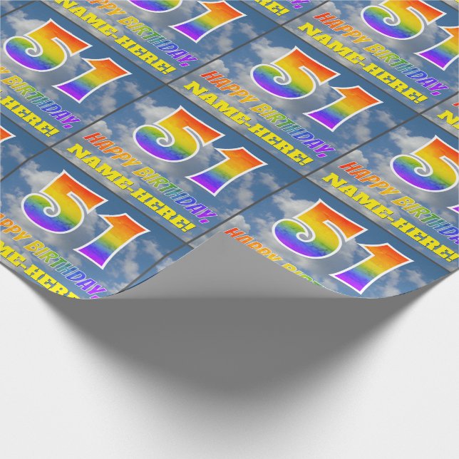 Regenbogen-Look "51" & "HAPPY BIRTHDAY", Wolken, H Geschenkpapier (Ecke)