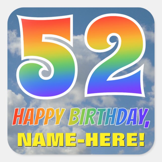 Regenbogen-Look "52" & "HAPPY BIRTHDAY", Wolken, H Quadratischer Aufkleber (Vorderseite)