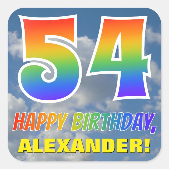 Regenbogen-Look "54" & "HAPPY BIRTHDAY", Wolken, H Quadratischer Aufkleber (Vorderseite)