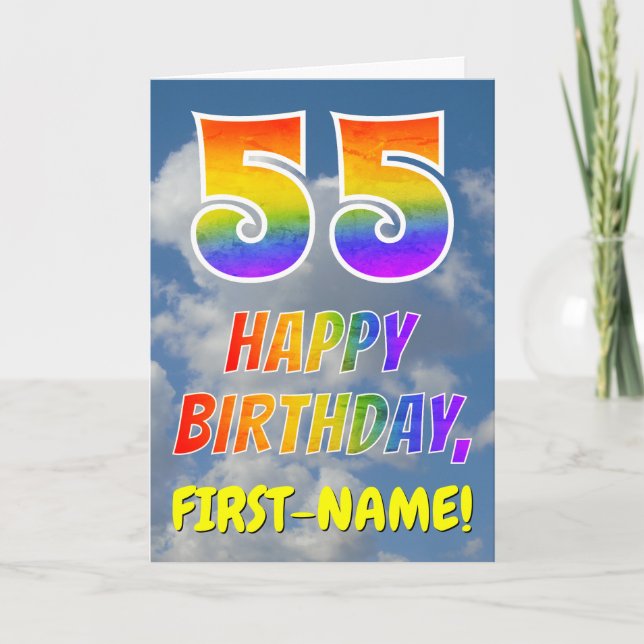 Regenbogen-Look "55" & "HAPPY BIRTHDAY", Wolken, H Karte (Vorderseite)