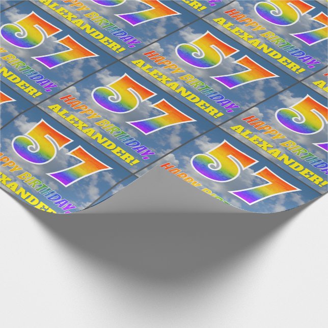 Regenbogen-Look "57" & "HAPPY BIRTHDAY", Wolken, H Geschenkpapier (Ecke)