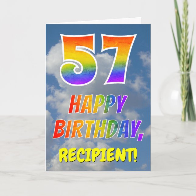 Regenbogen-Look "57" & "HAPPY BIRTHDAY", Wolken, H Karte (Vorderseite)