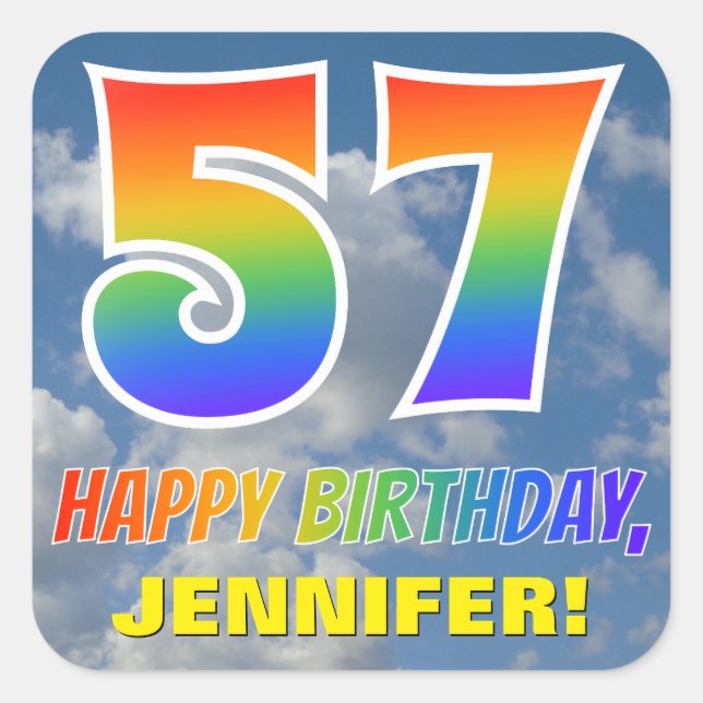 Regenbogen-Look "57" & "HAPPY BIRTHDAY", Wolken, H Quadratischer Aufkleber (Vorderseite)