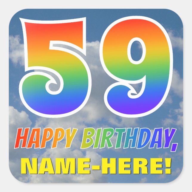 Regenbogen-Look "59" & "HAPPY BIRTHDAY", Wolken, H Quadratischer Aufkleber (Vorderseite)