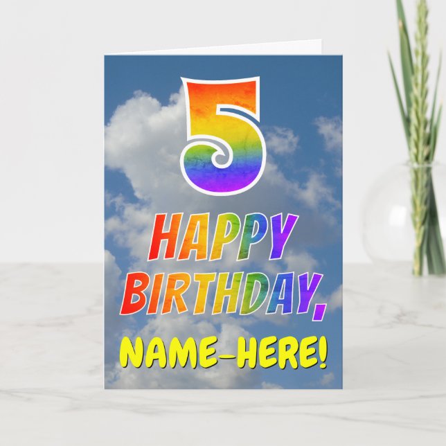 Regenbogen-Look "5" & "HAPPY BIRTHDAY", Wolken, Hi Karte (Vorderseite)