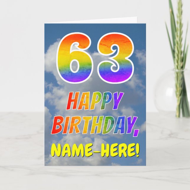 Regenbogen-Look "63" & "HAPPY BIRTHDAY", Wolken, H Karte (Vorderseite)