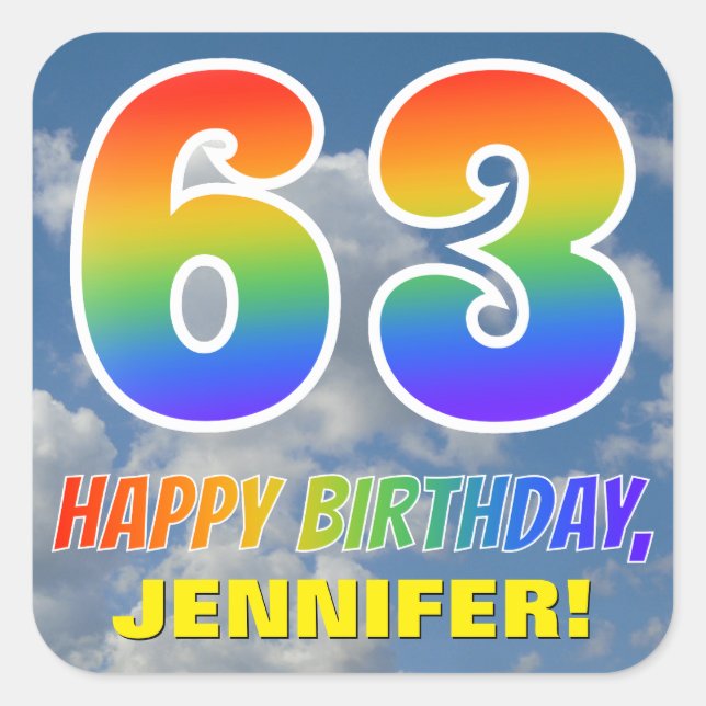 Regenbogen-Look "63" & "HAPPY BIRTHDAY", Wolken, H Quadratischer Aufkleber (Vorderseite)