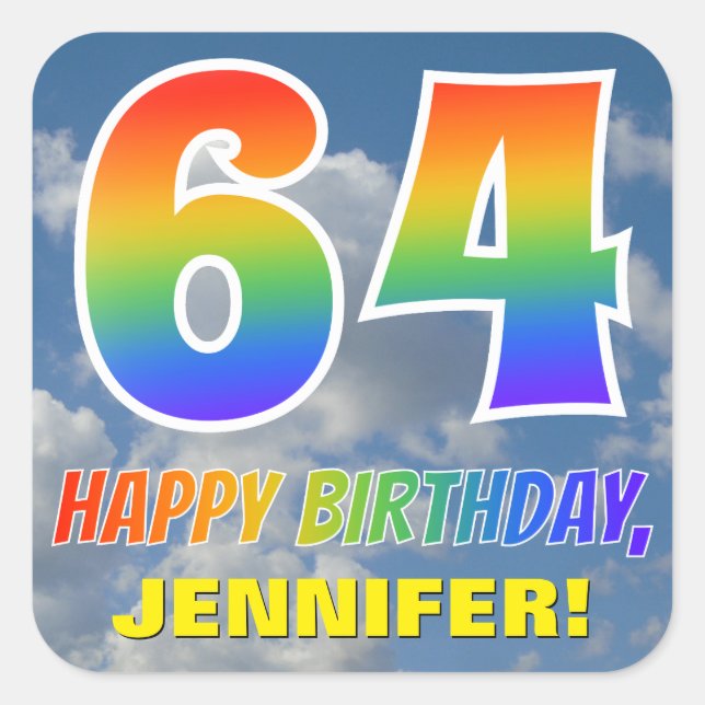 Regenbogen-Look "64" & "HAPPY BIRTHDAY", Wolken, H Quadratischer Aufkleber (Vorderseite)