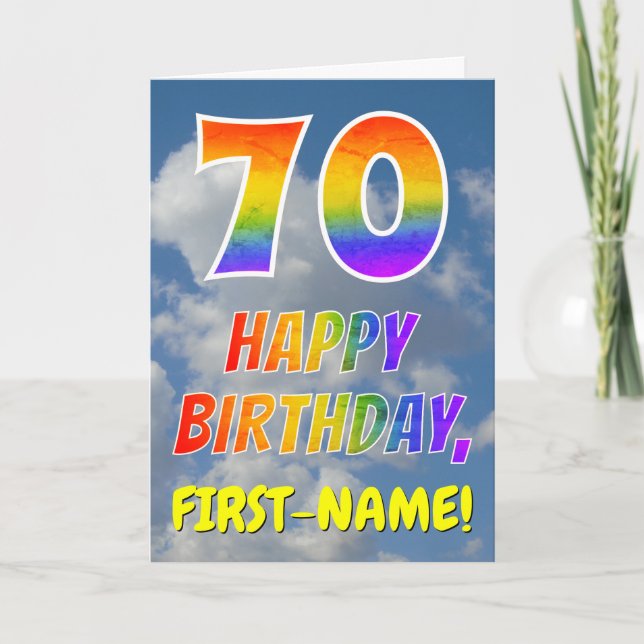 Regenbogen-Look "70" & "HAPPY BIRTHDAY", Wolken, H Karte (Vorderseite)