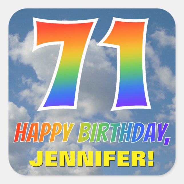 Regenbogen-Look "71" & "HAPPY BIRTHDAY", Wolken, H Quadratischer Aufkleber (Vorderseite)
