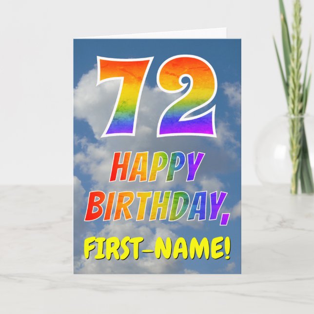 Regenbogen-Look "72" & "HAPPY BIRTHDAY", Wolken, H Karte (Vorderseite)