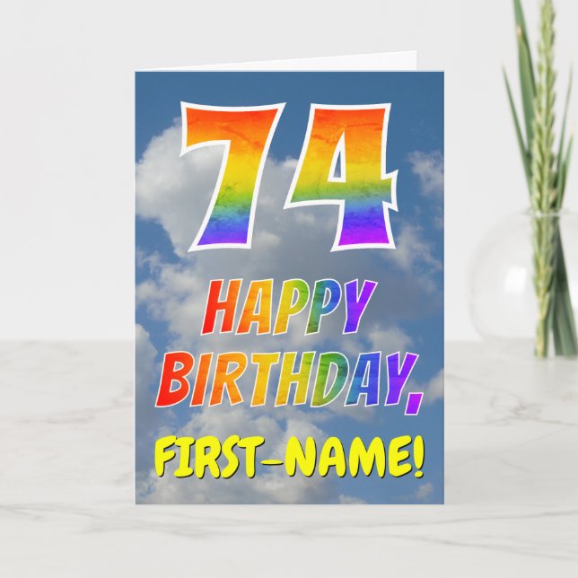 Regenbogen-Look "74" & "HAPPY BIRTHDAY", Wolken, H Karte (Vorderseite)