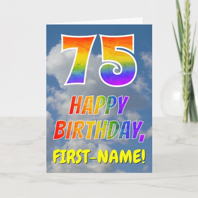 Regenbogen-Look "75" & "HAPPY BIRTHDAY", Wolken, H Karte (Vorderseite)