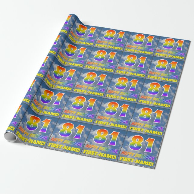 Regenbogen-Look "81" & "HAPPY BIRTHDAY", Wolken, H Geschenkpapier (Ungerollt)