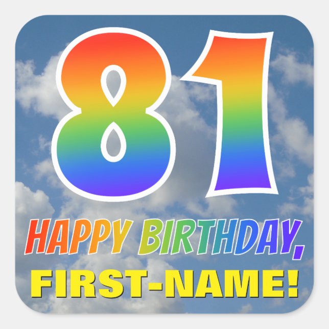 Regenbogen-Look "81" & "HAPPY BIRTHDAY", Wolken, H Quadratischer Aufkleber (Vorderseite)