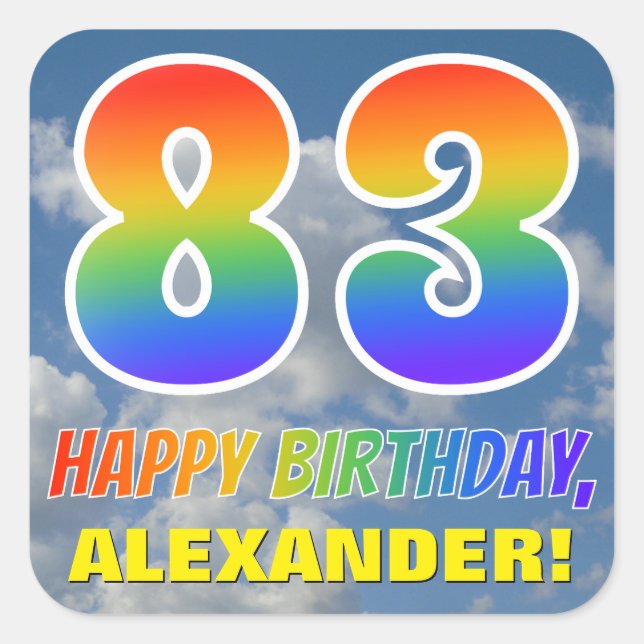 Regenbogen-Look "83" & "HAPPY BIRTHDAY", Wolken, H Quadratischer Aufkleber (Vorderseite)