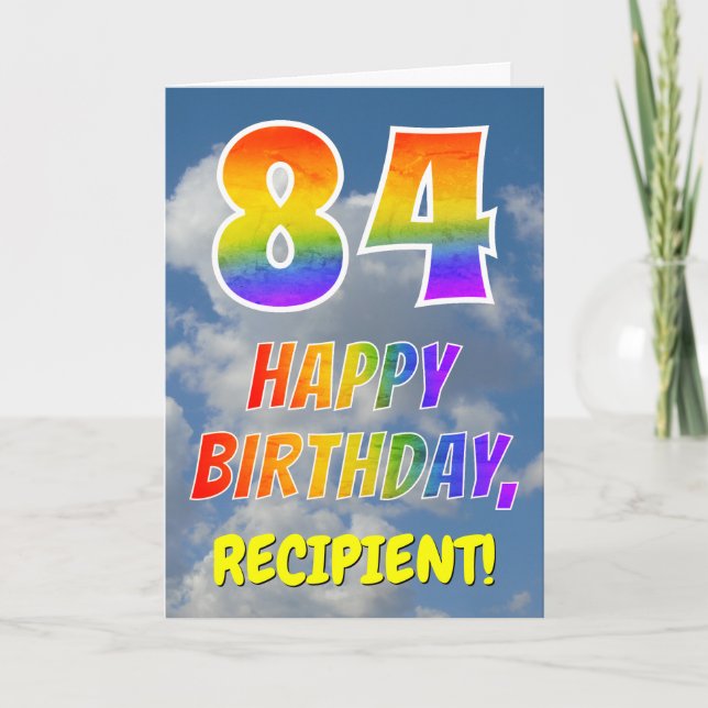 Regenbogen-Look "84" & "HAPPY BIRTHDAY", Wolken, H Karte (Vorderseite)