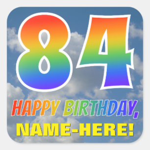 Regenbogen-Look "84" & "HAPPY BIRTHDAY", Wolken, H Quadratischer Aufkleber