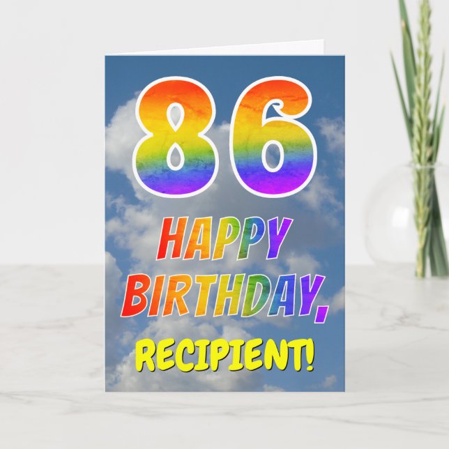 Regenbogen-Look "86" & "HAPPY BIRTHDAY", Wolken, H Karte (Vorderseite)