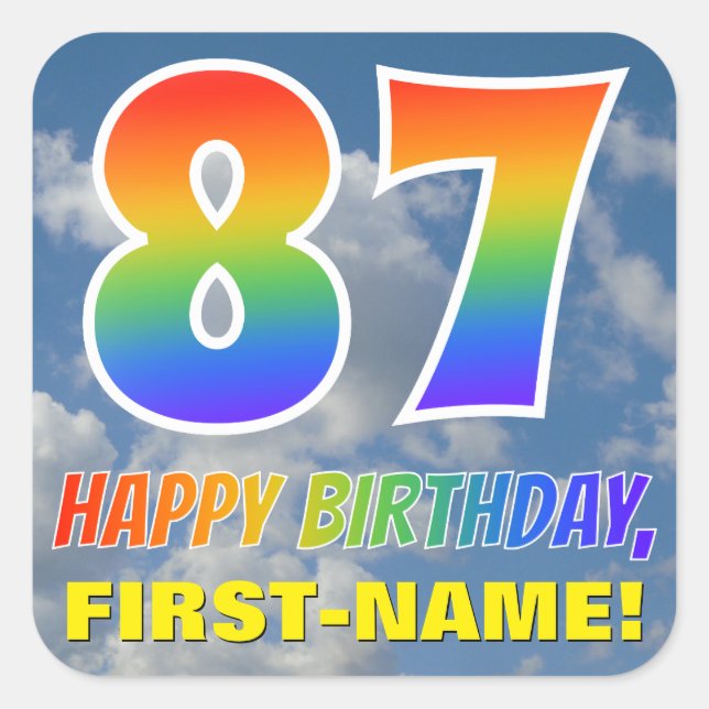Regenbogen-Look "87" & "HAPPY BIRTHDAY", Wolken, H Quadratischer Aufkleber (Vorderseite)