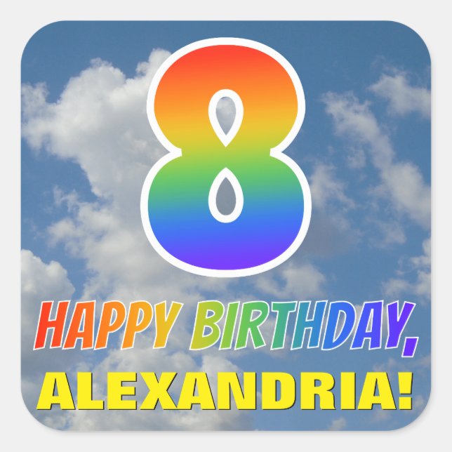 Regenbogen-Look "8" & "HAPPY BIRTHDAY", Wolken, Hi Quadratischer Aufkleber (Vorderseite)