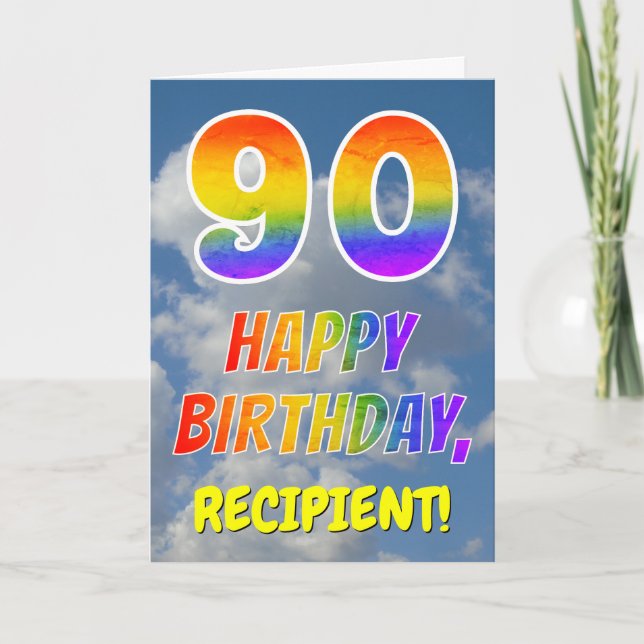 Regenbogen-Look "90" & "HAPPY BIRTHDAY", Wolken, H Karte (Vorderseite)