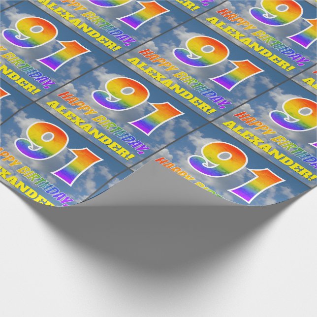 Regenbogen-Look "91" & "HAPPY BIRTHDAY", Wolken, H Geschenkpapier (Ecke)