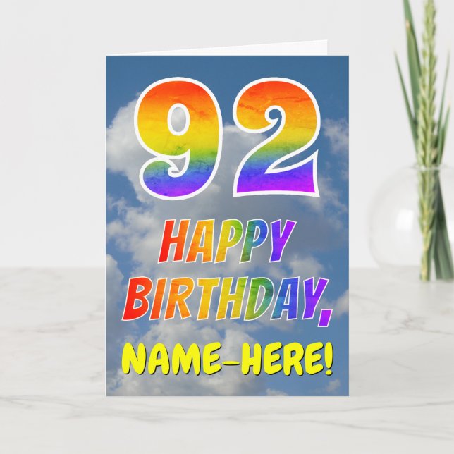 Regenbogen-Look "92" & "HAPPY BIRTHDAY", Wolken, H Karte (Vorderseite)