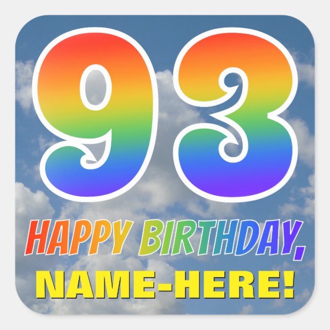 Regenbogen-Look "93" & "HAPPY BIRTHDAY", Wolken, H Quadratischer Aufkleber (Vorderseite)