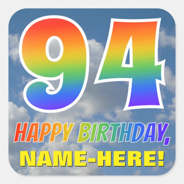 Regenbogen-Look "94" & "HAPPY BIRTHDAY", Wolken, H Quadratischer Aufkleber (Vorderseite)