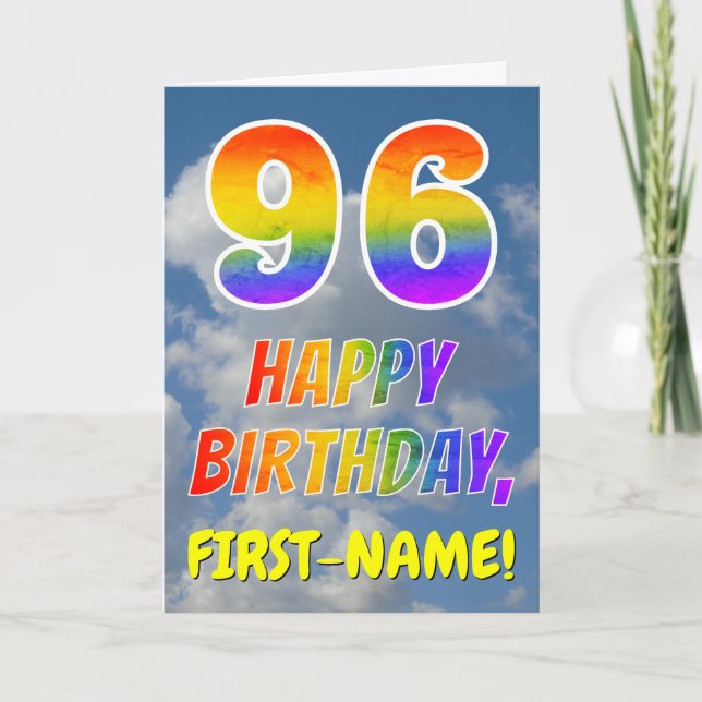 Regenbogen-Look "96" & "HAPPY BIRTHDAY", Wolken, H Karte (Vorderseite)