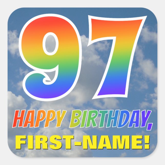 Regenbogen-Look "97" & "HAPPY BIRTHDAY", Wolken, H Quadratischer Aufkleber (Vorderseite)