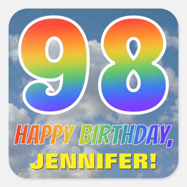 Regenbogen-Look "98" & "HAPPY BIRTHDAY", Wolken, H Quadratischer Aufkleber (Vorderseite)