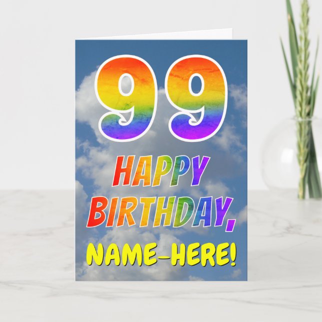 Regenbogen-Look "99" & "HAPPY BIRTHDAY", Wolken, H Karte (Vorderseite)