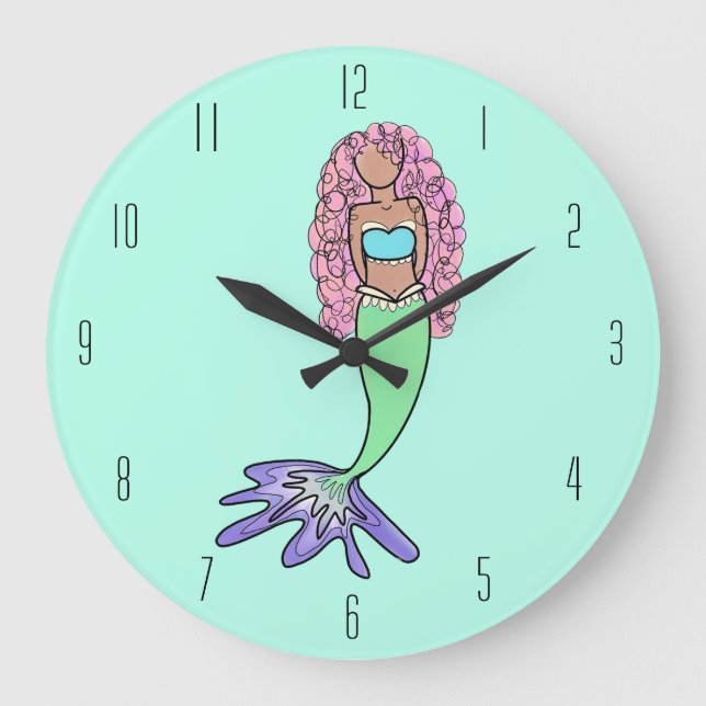 Regenbogen Meerjungfrau rosa lila grünes Schwarz,  Große Wanduhr (Vorderseite)