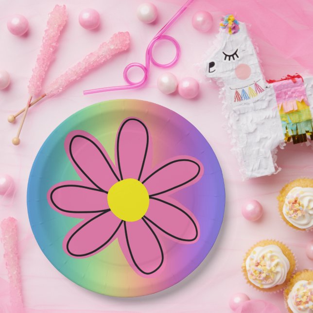 Regenbogen mit rosa Blume Papierplatte Pappteller (Party)