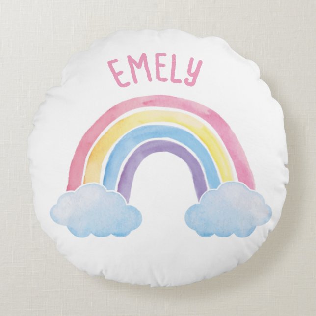 Regenbogen mit Wolken | personalisierbares  Rundes Kissen (Vorderseite)