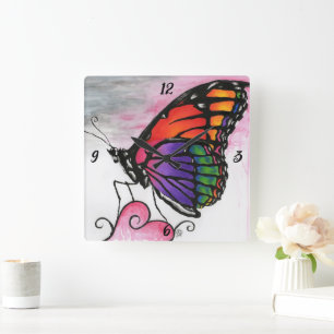 Regenbogen-Monarch-Schmetterling Originale Fantasy Quadratische Wanduhr
