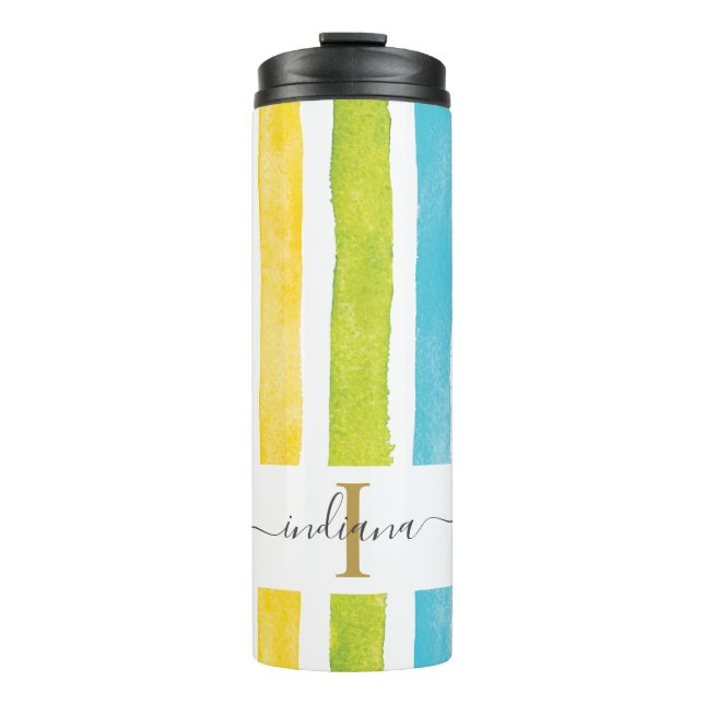 Regenbogen-Monogramm-Schrift-Name-Streifen Custom Thermosbecher (Vorderseite)