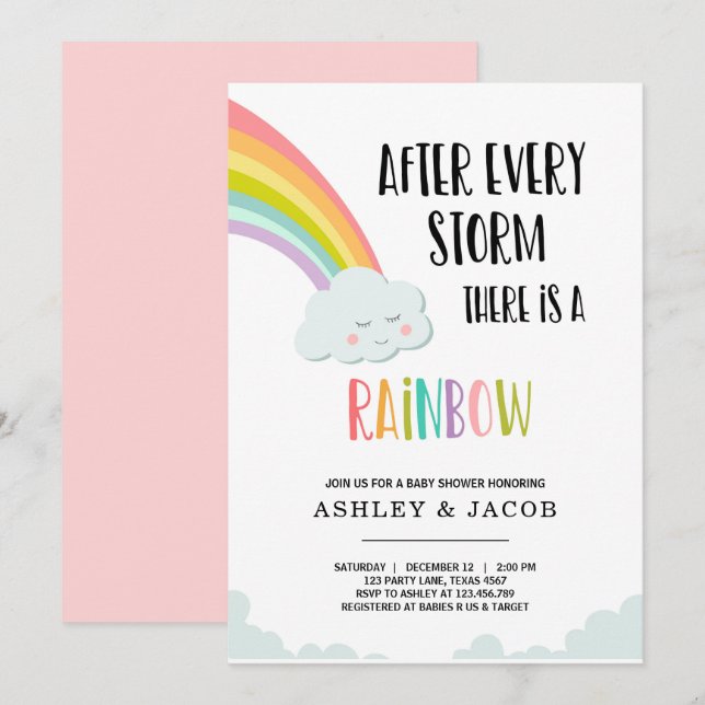 Regenbogen nach einem Loss Girl Baby Dusche Einlad Einladung (Vorne/Hinten)