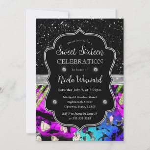 Regenbogen Neon Abstrakt Glitter Sweet 16 Einladung