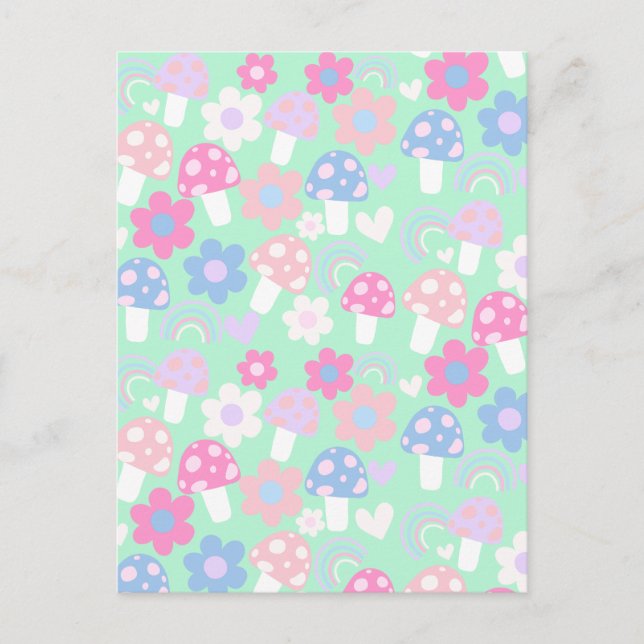 Regenbogen, Niedliche Pilze und Blume Postkarte (Vorderseite)